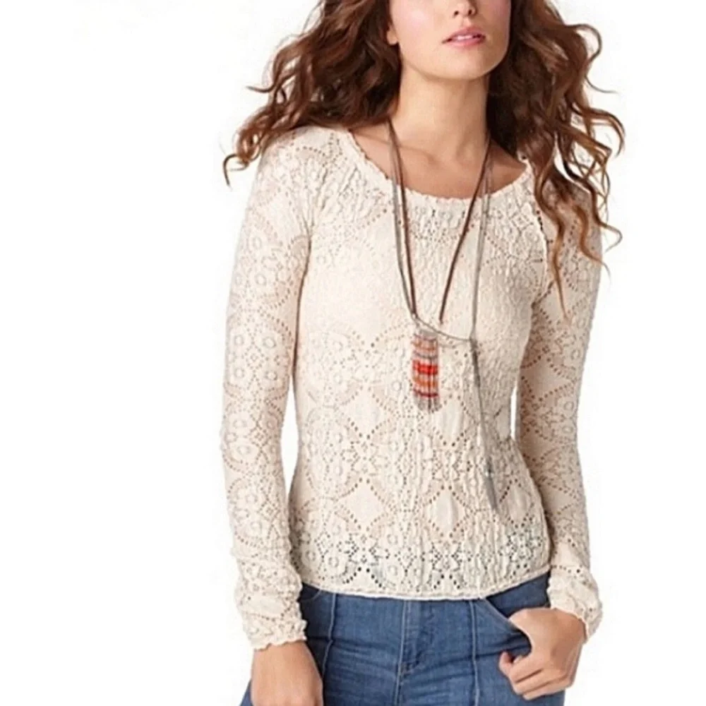 Free People Ivory Crochet Knit Long Sleeve Top
